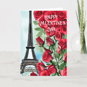 Eiffel Tower Romantic Red Roses Valentine's Day Holiday Card