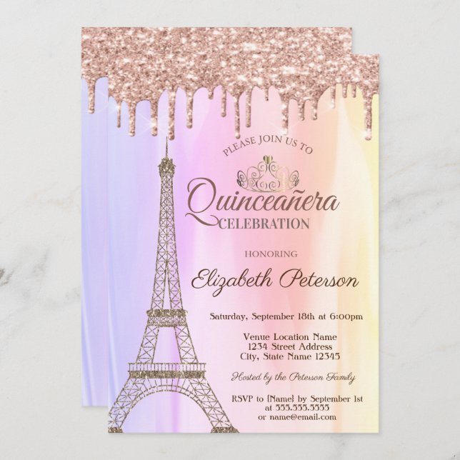 Eiffel Tower,Rose Gold Drips Ombre Quinceañera Invitation (Front/Back)