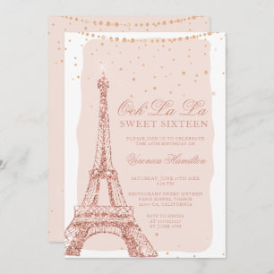 Eiffel tower rose gold glitter blush Sweet 16 Invitation
