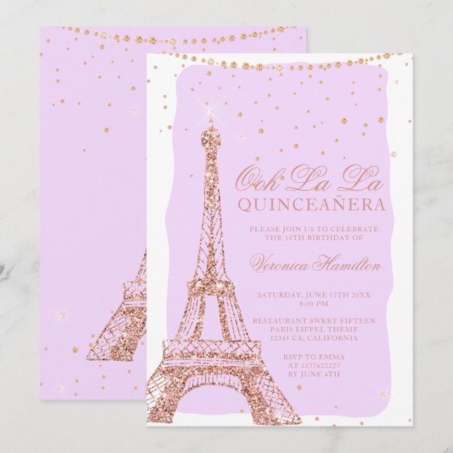 Eiffel tower rose gold glitter purple quinceanera invitation (Front/Back)