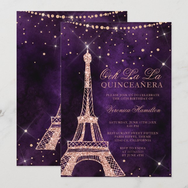 Eiffel tower rose gold glitter purple quinceanera invitation (Front/Back)