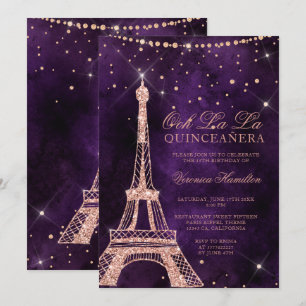 Eiffel tower rose gold glitter purple quinceanera invitation