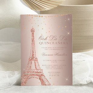 Eiffel tower rose gold metallic foil quinceanera invitation