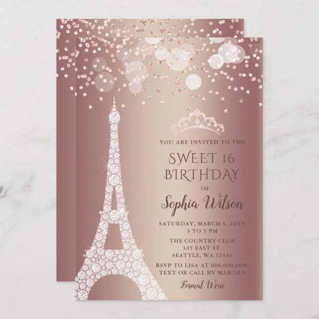 Eiffel Tower Rose Gold Sparkle Glitter Sweet 16  Invitation (Front/Back)