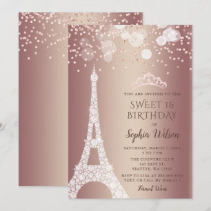 Eiffel Tower Rose Gold Sparkle Glitter Sweet 16  Invitation