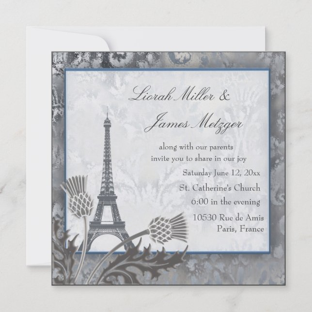Eiffel Tower Scottish thistle silver metallic Invitation (Front)