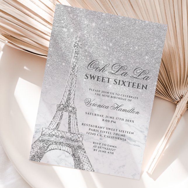 Eiffel tower silver glitter marble Sweet 16 Invitation (Creator Uploaded)
