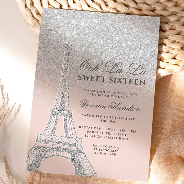 Eiffel tower silver glitter pink Sweet 16 Invitation (Creator Uploaded)