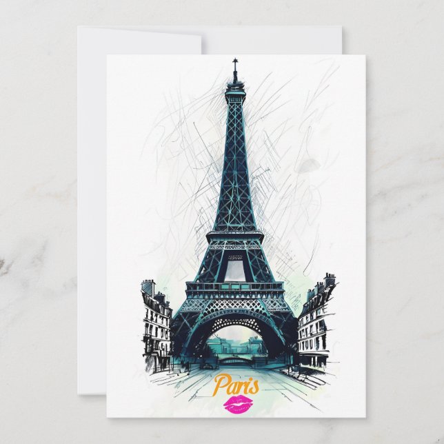 Eiffel Tower Sketch Print, Line Drawing, Paris Invitation (Front)