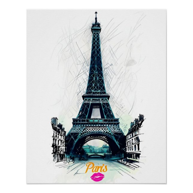 Eiffel Tower Sketch Print, Line Drawing, Paris Poster (Front)