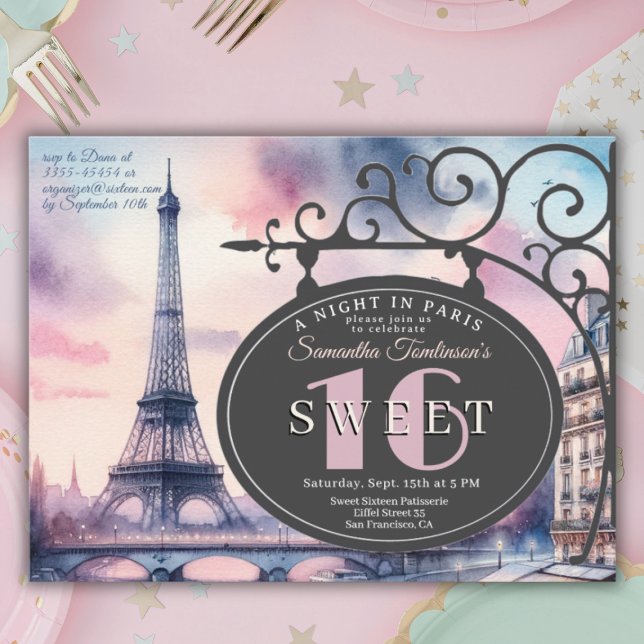 Eiffel Tower Sweet 16 Birthday Invitation Postcard (Sweet 16, Paris themed invitation
)