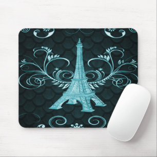 Eiffel Tower Teal Floral Swirl Mouse Mat