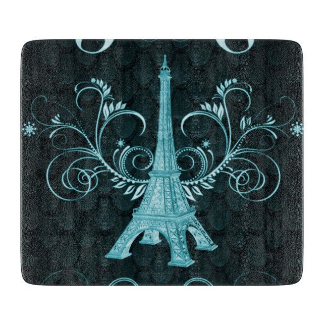 Eiffel Tower Teal Floral Swirls Cutting Board (Front)