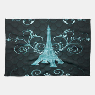 Eiffel Tower Teal Floral Swirls Kitchen Towel