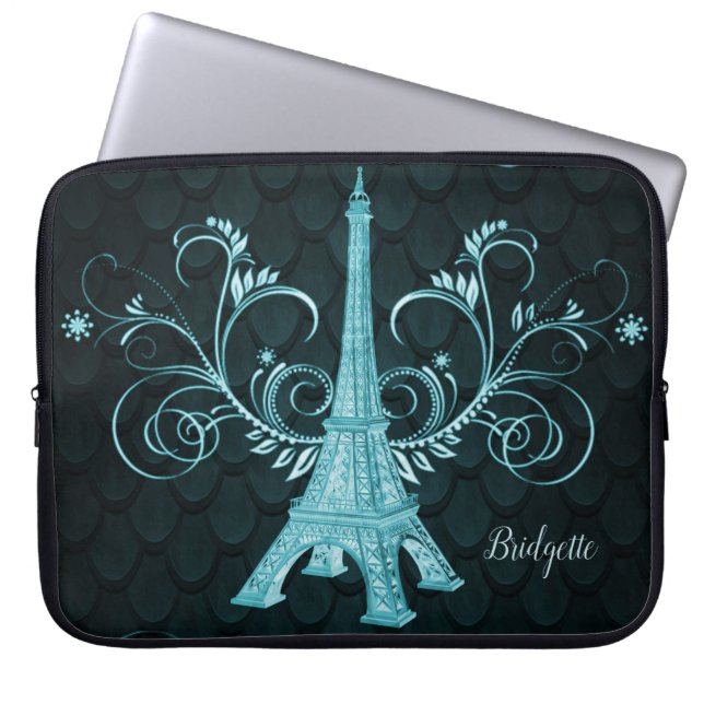 Eiffel Tower Teal Floral Swirls Laptop Sleeve (Front)