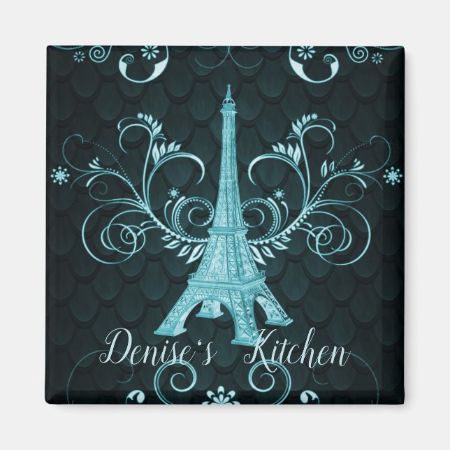 Eiffel Tower Teal Floral Swirls Magnet (Front)