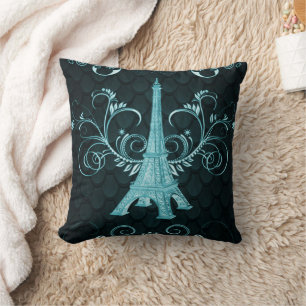 Eiffel Tower Teal Floral Swirls Pillow