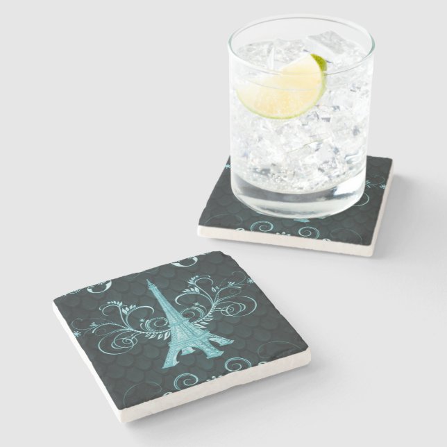 Eiffel Tower Teal Floral Swirls Stone Coaster (Side)