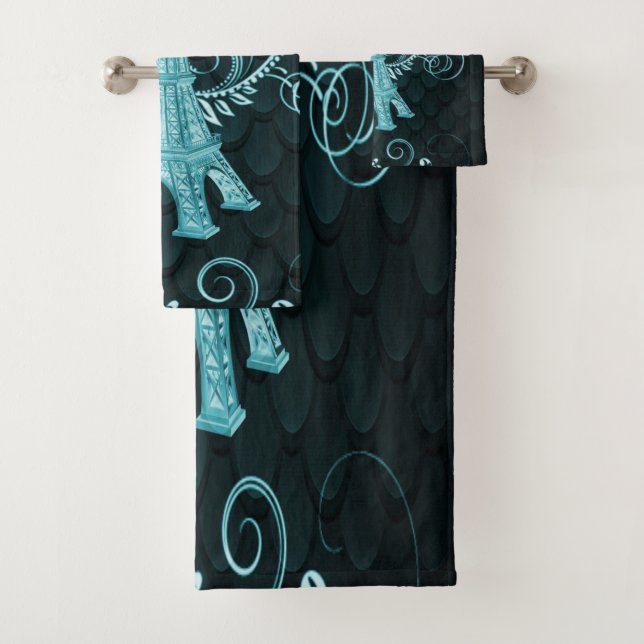 Eiffel Tower Teal Floral Swirls Towel Set (Insitu)