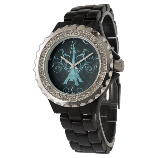 Eiffel Tower Teal Floral Swirls Watch (Angled)
