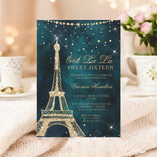 Eiffel tower teal gold glitter sparkle Sweet 16 Invitation