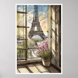 Eiffel Tower through a Window Poster
