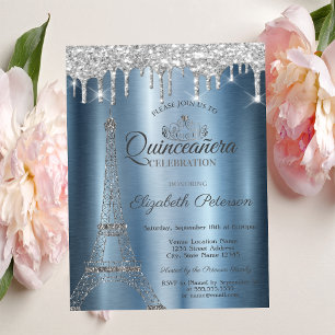 Eiffel Tower,Tiara,Drips Blue Metallic Quinceañera Invitation