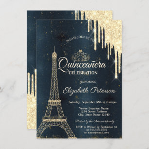 Eiffel Tower,Tiara,Drips Dark Blue Quinceañera Invitation
