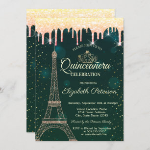 Eiffel Tower,Tiara,Drips Green Quinceañera Invitation