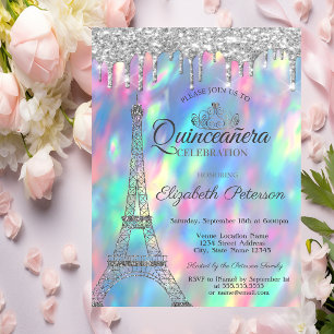 Eiffel Tower,Tiara,Drips Holographic Quinceañera Invitation