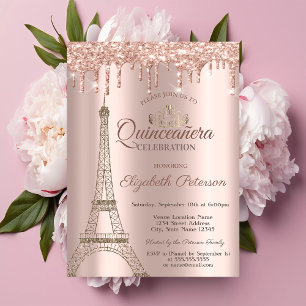 Eiffel Tower,Tiara,Drips Rose Gold Quinceañera Inv Invitation