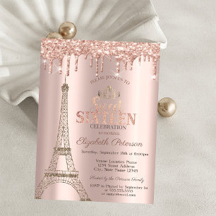 Eiffel Tower,Tiara,Drips Rose Gold Sweet 16 Invitation