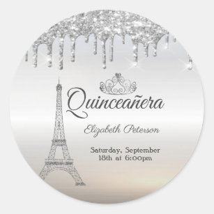 Eiffel Tower,Tiara,Drips Silver Quinceañera Classic Round Sticker