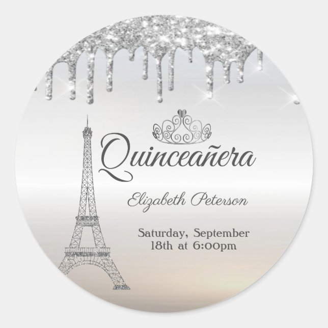 Eiffel Tower,Tiara,Drips Silver Quinceañera Classic Round Sticker (Front)