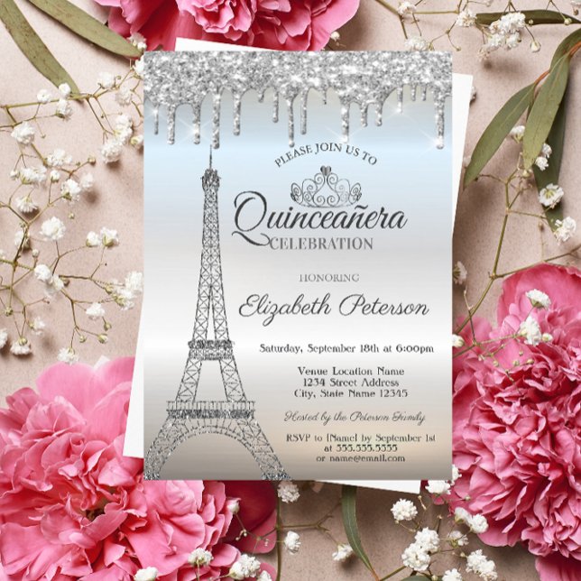 Eiffel Tower,Tiara,Drips Silver Quinceañera Invitation (Creator Uploaded)