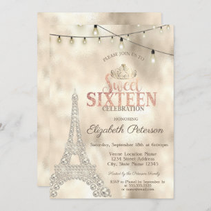  Eiffel Tower,Tiara Gold Lights Sweet 16 Invitation