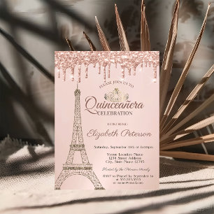 Eiffel Tower,Tiara, Rose Gold Drips Quinceañera Invitation
