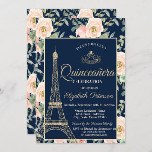 Eiffel Tower,Tiara,Roses Navy Blue Quinceañera Invitation