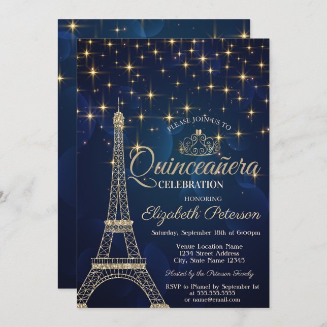 Eiffel Tower,Tiara,Stars Navy Blue Quinceañera Invitation (Front/Back)