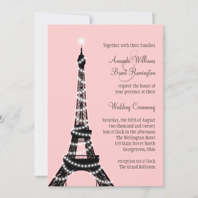 Eiffel Tower Twinkles Wedding Invitation (pink) (Front)