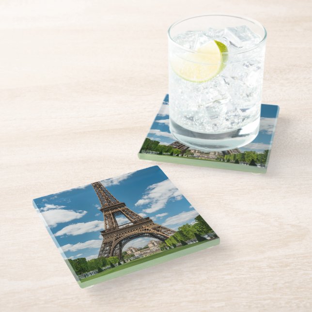 Eiffel Tower View from Champ de Mars Public Park Glass Coaster (Angled)