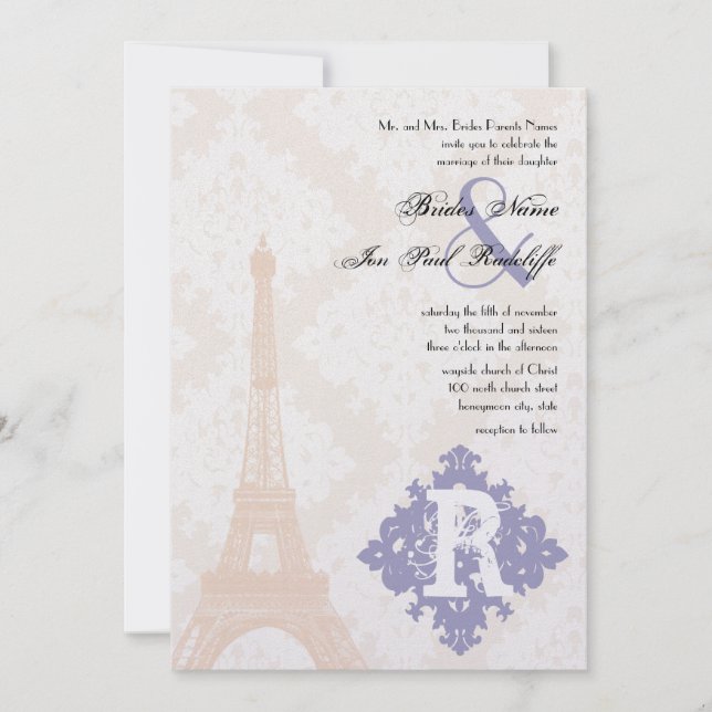 Eiffel Tower Vintage Damask Silver Peony Lavender Invitation (Front)