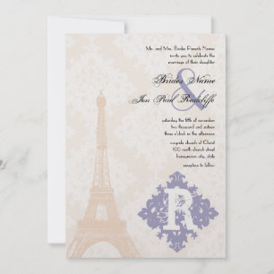 Eiffel Tower Vintage Damask Silver Peony Lavender Invitation