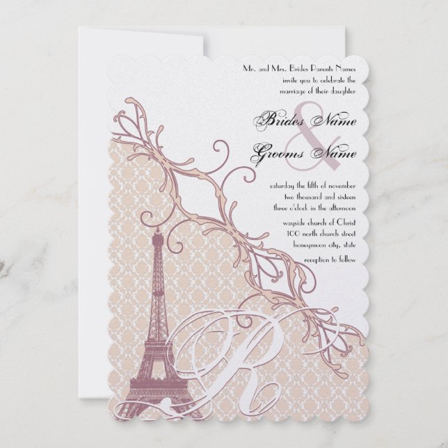Eiffel Tower Vintage Damask Silver Peony Lavender Invitation (Front)