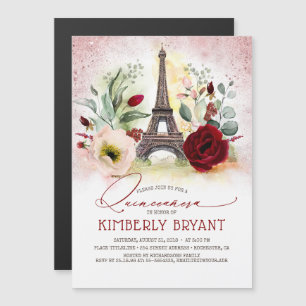 Eiffel Tower Vintage Paris Pink Gold Quinceañera Magnetic Invitation