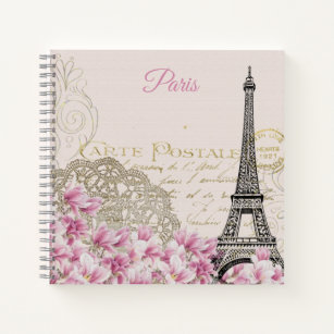 Eiffel Tower vintage postcard Pink Magnolias Notebook