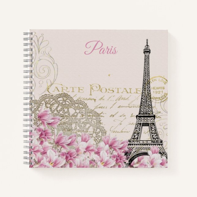 Eiffel Tower vintage postcard Pink Magnolias Notebook (Front)
