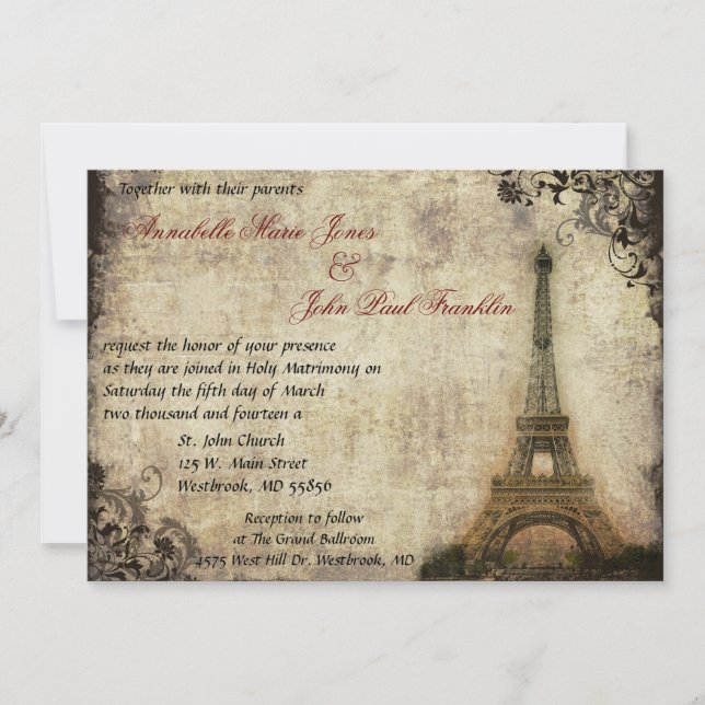 Eiffel Tower Vintage Wedding Invitation (Front)