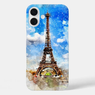 Eiffel Tower watercolor painting iPhone 16 Plus Case