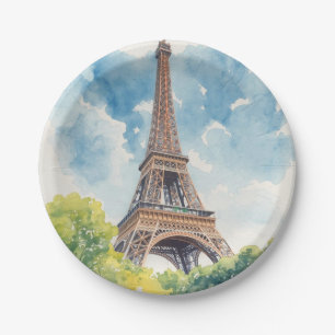 Eiffel Tower Watercolor Paris France Painted Paper Plate